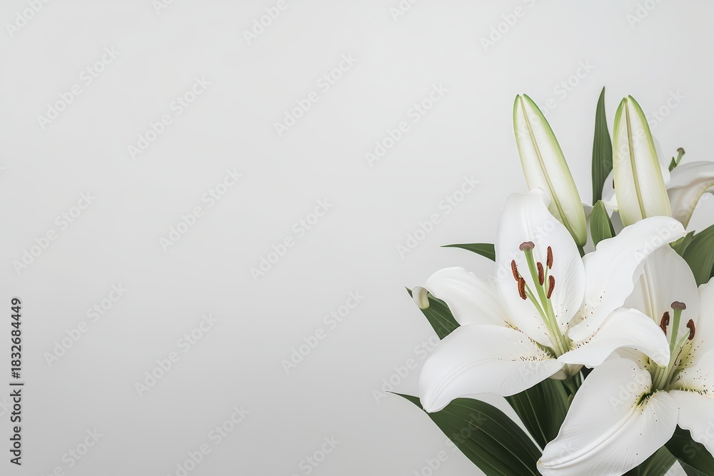 Fototapeta premium White lily flowers and buds blooming on a light gray background, offering ample copy space for text or graphics