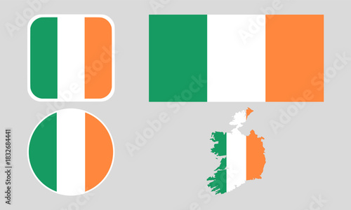 Ireland Flag Icon Set in Square, Round, and Map Shapes. Clean Modern Collection. Perfect for use in apps, websites, presentations, infographics, educational materials, travel content.	