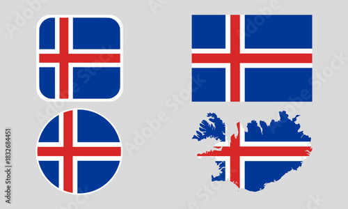 Iceland Flag Icon Set in Square, Round, and Map Shapes. Clean Modern Collection. Perfect for use in apps, websites, presentations, infographics, educational materials, travel content.	