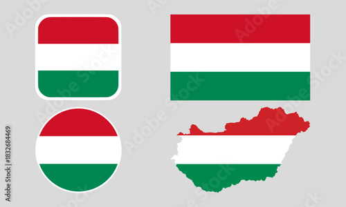 Hungary Flag Icon Set in Square, Round, and Map Shapes. Clean Modern Collection. Perfect for use in apps, websites, presentations, infographics, educational materials, travel content.	
