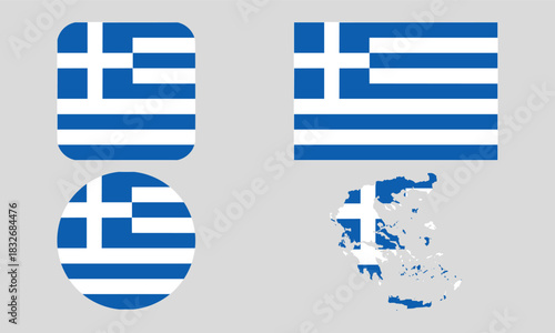 Greece Flag Icon Set in Square, Round, and Map Shapes. Clean Modern Collection. Perfect for use in apps, websites, presentations, infographics, educational materials, travel content.	