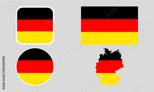 Germany Flag Icon Set in Square, Round, and Map Shapes. Clean Modern Collection. Perfect for use in apps, websites, presentations, infographics, educational materials, travel content.	
