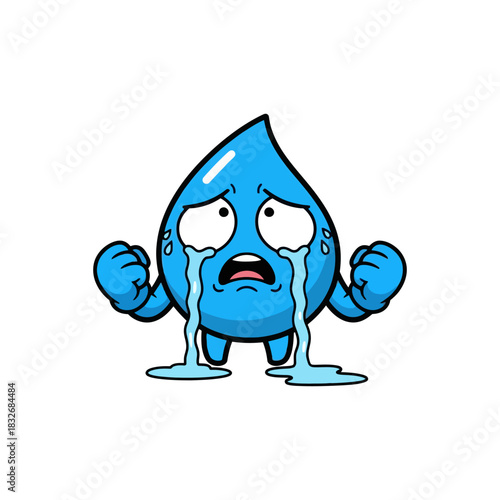 Cartoon Water Drop Character Crying with Exaggerated Sadness.