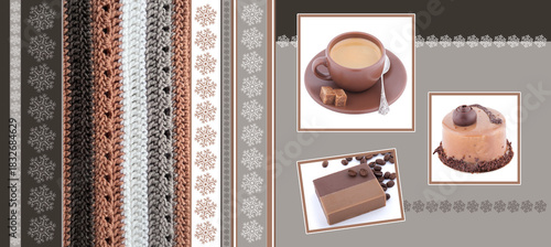 Collage. A cup of coffee, cappuccino cake, coffee soap and a product knitted from warm yarn. The concept of comfort and a source of energy in the cold season.