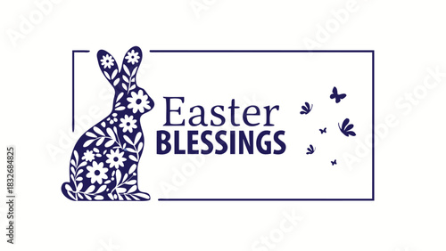 Elegant easter blessings text with a decorative bunny silhouette filled with floral patterns and small butterflies fluttering around inside a simple frame