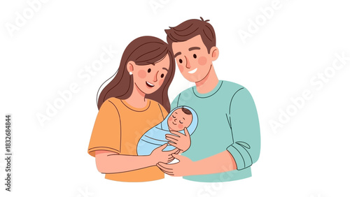 Happy family holding their newborn baby, illustration of parenthood and care