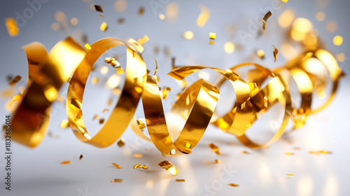 Celebrate success with vibrant golden streamers and shimmering confetti creating an atmosphere of pure joy and festive celebration