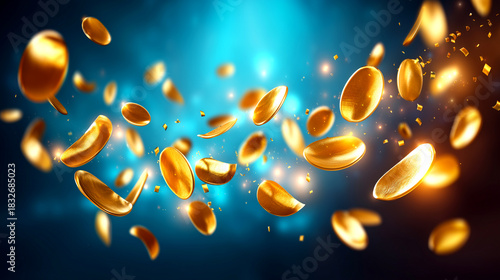 Dynamic cascade of shimmering gold coins and confetti explodes, symbolizing wealth, success, and winning opportunities in a vibrant celebration.