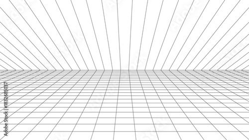 3D wireframe perspective grid room template design vector illustration background. Empty three dimensional virtual room perspective wireframe grid geometric sketch. Cyber virtual line interior frame.