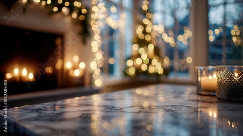 A close-up shot of a marble table top with a blurred background of a fireplace with candles, a Christmas tree and strings of twinkling lights, and a window. High quality