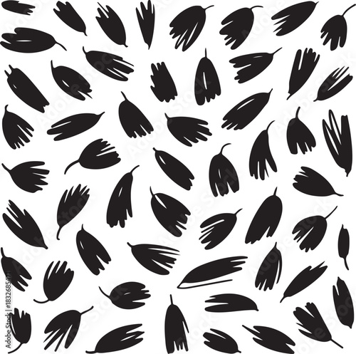 Black abstract organic shapes scattered on white background