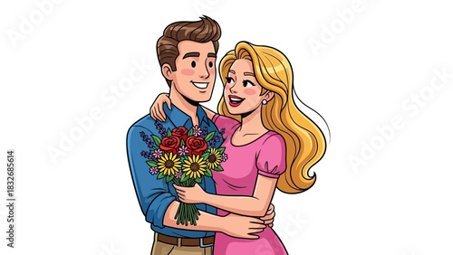 Happy romantic couple embracing with a beautiful bouquet of flowers, celebrating their love and connection in a joyful moment illustration