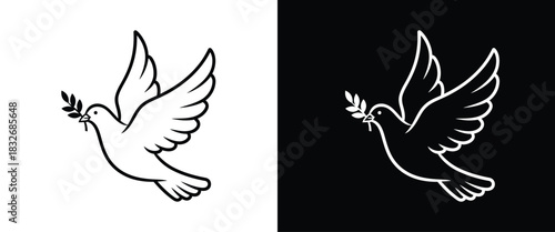 Flying Dove of Peace with an Olive Branch Minimalist Line Art Icon