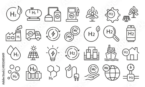 Hydrogen Electrolysis Icons Set — Editable Stroke Line Vector,H₂ Electrolysis Symbol Pack  Thin Line Energy Icons,Green Energy Electrolysis Icon Set