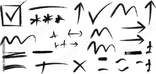 Hand drawn grunge arrows and checkmarks on white background