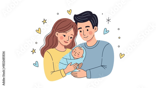 Joyful Young Parents Embrace Their Precious Newborn Baby with Love and Tenderness in a Heartwarming Illustration