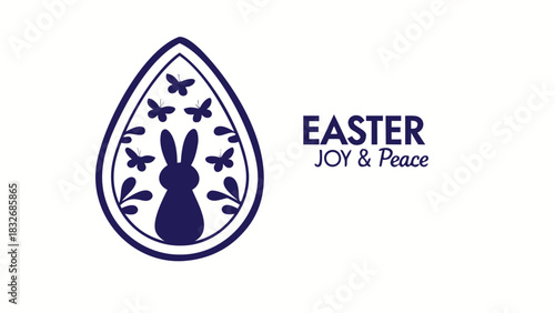 Elegant easter egg design featuring a silhouette of a rabbit surrounded by butterflies and floral motifs accompanied by the text easter joy and peace in a sophisticated font