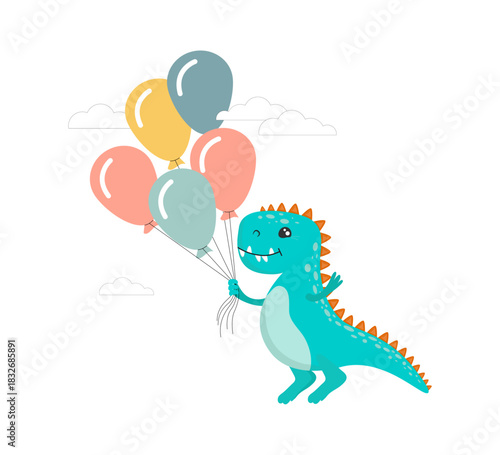 A cute dinosaur flying on a hot air balloon. Vector flat illustration.eps