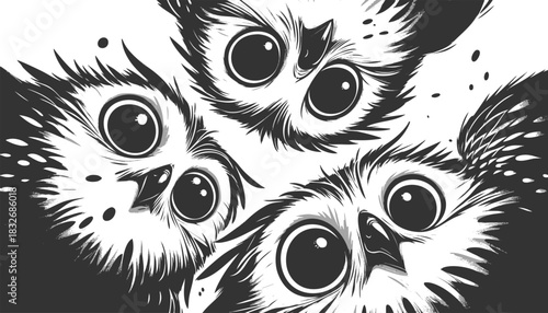 wide-eyed owls peeking downward with expressive faces sketch engraving generative ai vector illustration. Scratch board imitation. Black and white image.