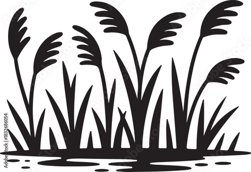 Black silhouette of tall slender reeds by water grass
