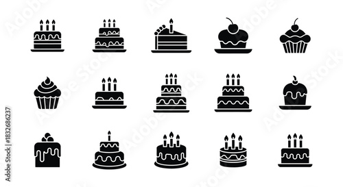 Set of 15 Vector Cake and Cupcake Icons for Celebrations
