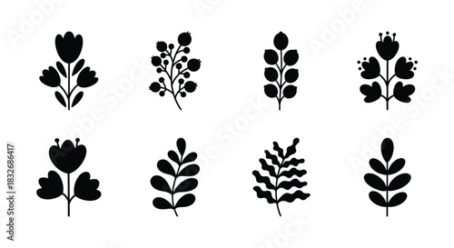Set of Various Floral and Leafy Botanical Elements in Silhouette