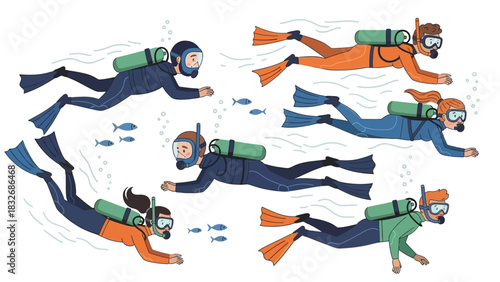 Group of Scuba Divers Exploring Underwater World, Engaging in Aquatic Adventures