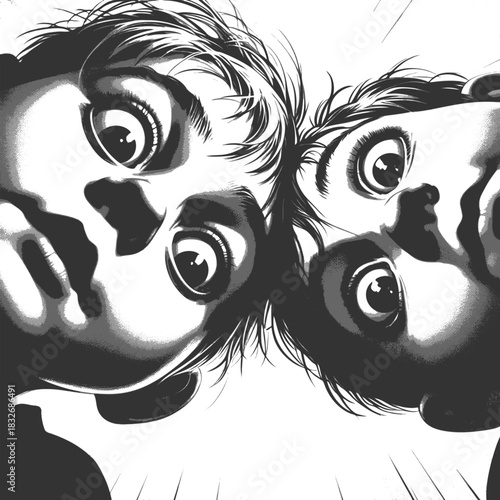 children peering down with wide eyes, creating a dramatic and playful perspective effect sketch engraving generative ai fictional character vector illustration. Scratch board. Black and white image.