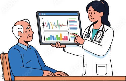 A female doctor in a white coat shows a tablet with charts to an elderly male patient sitting at a table.