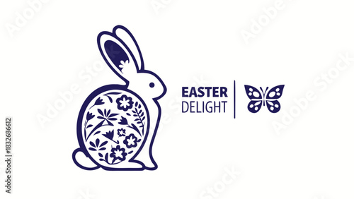Stylized easter bunny silhouette filled with floral patterns and accompanied by a butterfly and the text easter delight perfect for spring celebrations and festive designs
