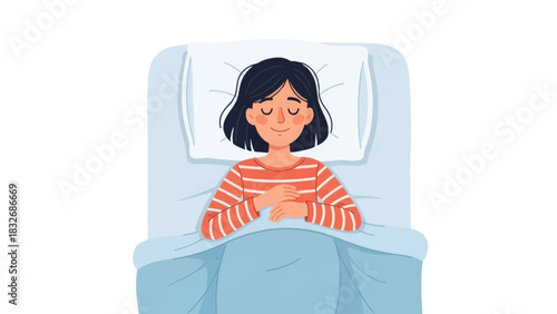 Vector illustration of a calm woman sleeping peacefully in bed, top view on a white background
