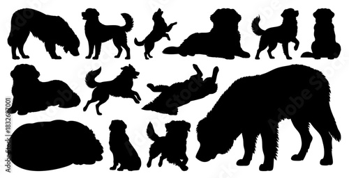 Bernese Mountain Dog Silhouettes Vector Set of Various Poses Black Pet Animal Collection Isolated, Transparent Background