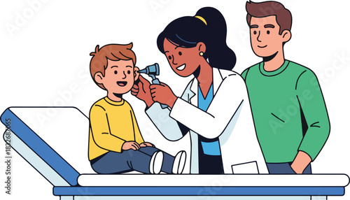 A female doctor examines a young boy's ear with an otoscope while his father stands by, smiling, in a doctor's office.