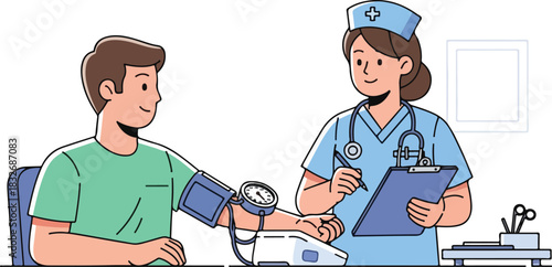 A nurse taking a patient's blood pressure in a medical examination.