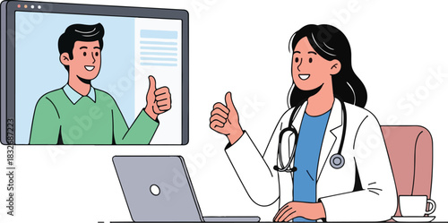 Female doctor having a video call with a male patient, both giving thumbs up.