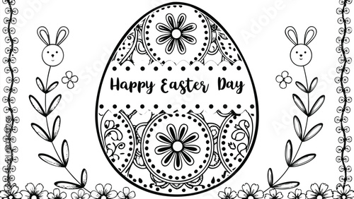 Happy easter day decorative egg with cute bunny illustrations and floral borders a simple black and white line drawing for coloring