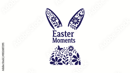 Charming easter moments text art featuring decorative bunny ears and floral motifs in deep blue on a white background perfect for spring celebrations and holiday designs