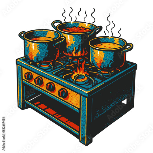 pots simmering stew on a worn gas stove, capturing a rustic and home-cooked kitchen atmosphere. Generative ai vector colorful pop art illustration.
