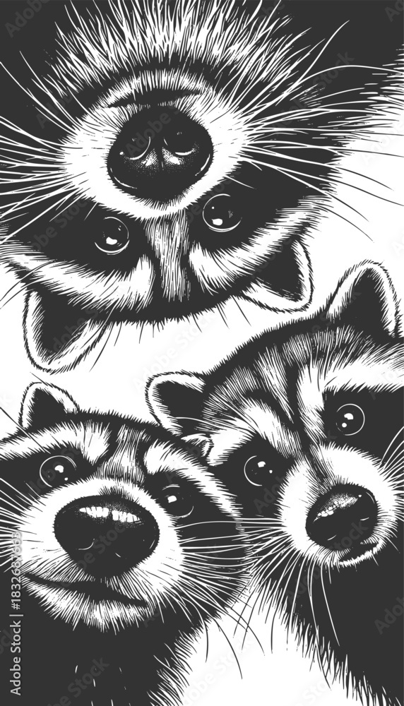 Obraz premium three raccoons peering downward with wide-eyed expressions, ideal for humor or wildlife themes sketch engraving generative ai vector illustration. Scratch board imitation. Black and white image.