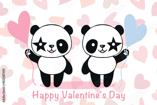 Adorable vector illustration of two pandas holding heart-shaped balloons with a backdrop of hearts and a "Happy Valentine's Day" message. Perfect for celebrating love and friendship.
