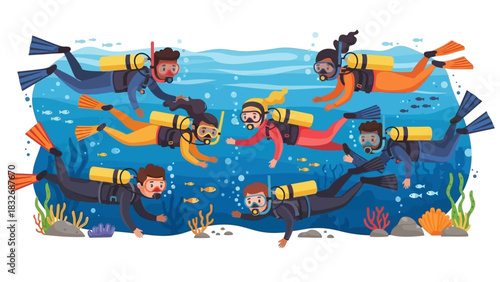 A diverse group of cartoon scuba divers exploring the vibrant underwater world of the ocean together