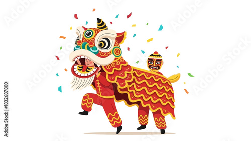 Traditional Chinese Lion Dance Performance with Confetti and Festive Dancer Illustration