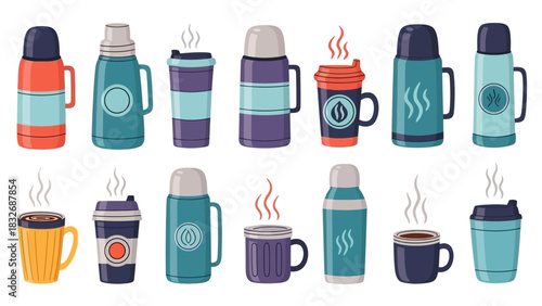 Collection of hot beverage containers and mugs, featuring flasks and thermoses, ready for cozy moments