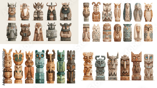 Carved wooden totem figure illustration set featuring expressive tribal characters, rustic textures and cultural artistic details. Suitable for folklore themes and traditional craft projects.