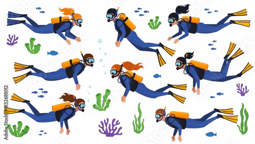 Scuba divers exploring the underwater world with colorful coral reefs and marine plants in a lively illustration
