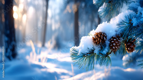 Stunning winter forest scene with snow-covered pine cones and branches kissed by soft, golden sunlight creating a magical, serene atmosphere.