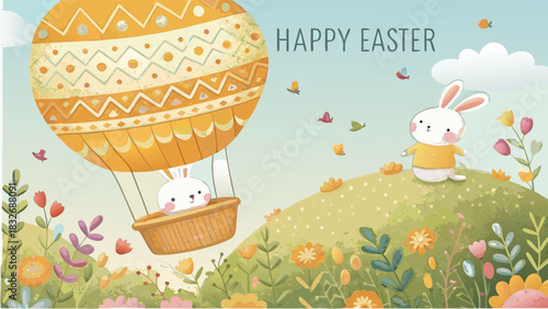 Cute easter bunny in a hot air balloon flying over a hill with flowers and birds celebrating happy easter