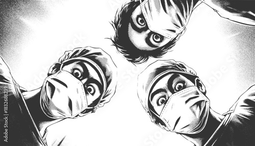 masked medical professionals peering downward, evoking surgery or emergency context sketch engraving generative ai fictional character vector illustration. Scratch board imitation. Black and white