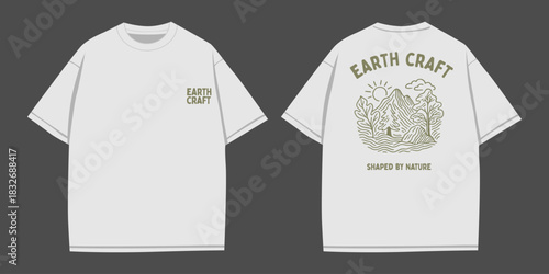 Earth Craft Nature Cabin Graphic For Apparel, Retro Woodland Landscape Illustration For Printing, Vintage Mountain Forest Artwork For Shirts, Rustic Outdoor Nature Design For Merch