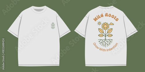 Wild Roots Botanical Flower Graphic For Apparel, Retro Floral Nature Illustration For Printing, Organic Plant Roots Artwork For Shirts, Minimal Botanical Bloom Design For Merch